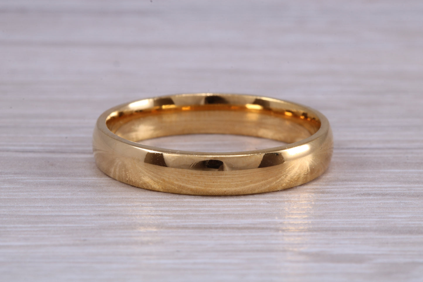 5 mm court profile Silver band with 18ct yellow Gold hard plating, looks just like a gold band for a fraction of the cost
