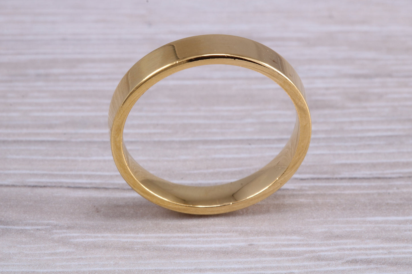 5 mm flat profile Silver band with 18ct yellow Gold hard plating, looks just like a gold band for a fraction of the cost