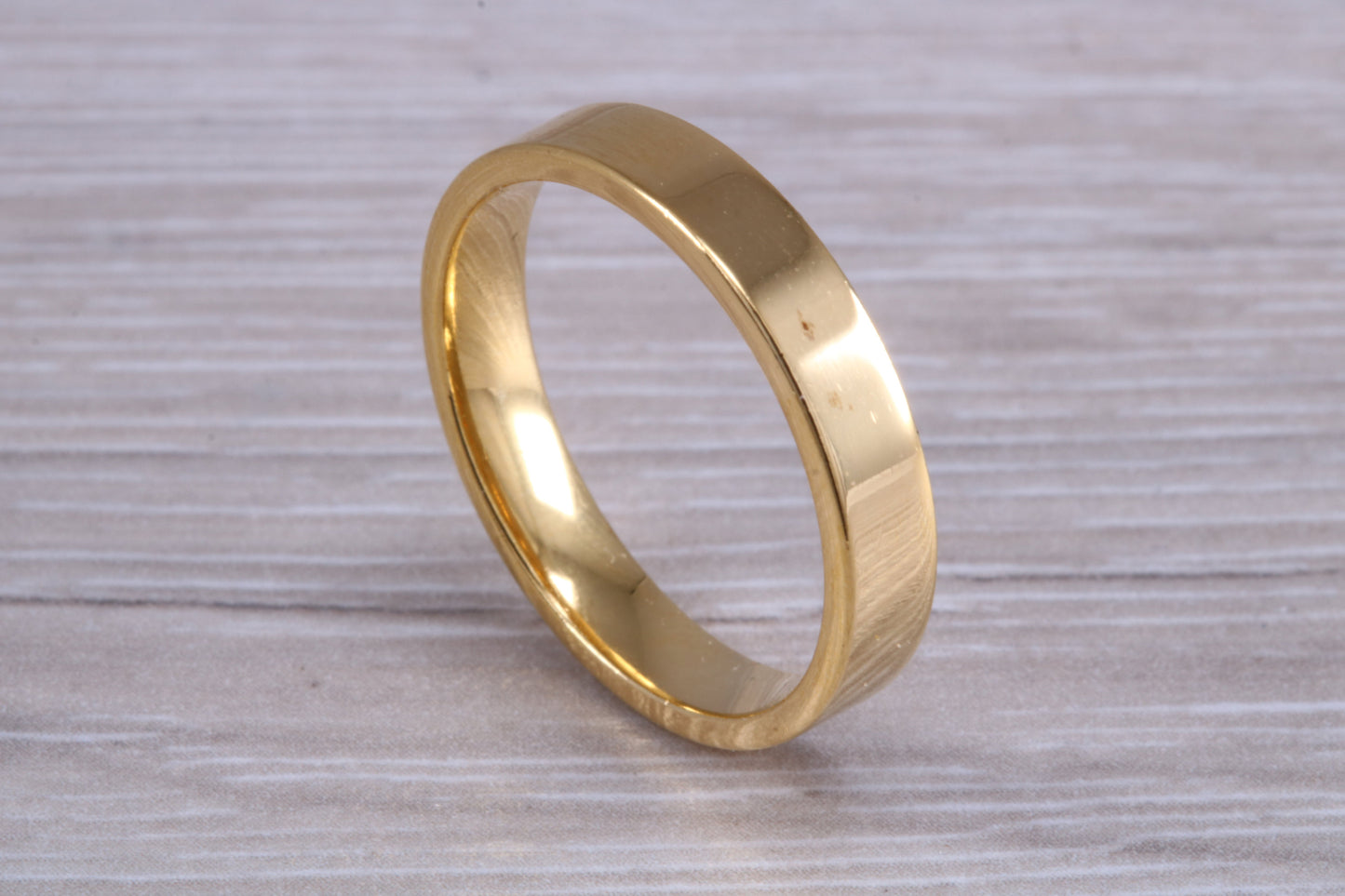 4 mm flat profile Silver band with 18ct yellow Gold hard plating, looks just like a gold band for a fraction of the cost
