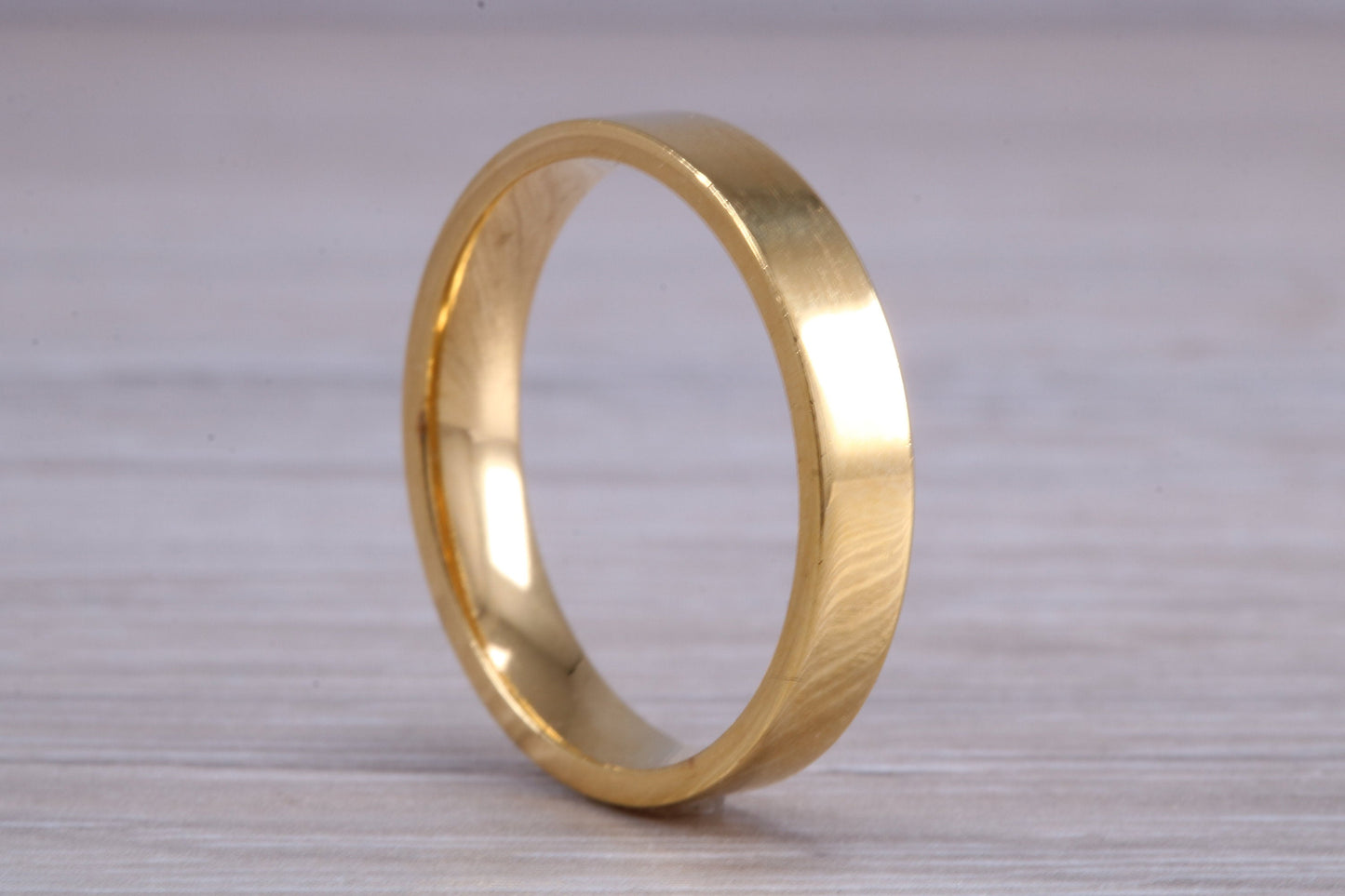 5 mm flat profile Silver band with 18ct yellow Gold hard plating, looks just like a gold band for a fraction of the cost