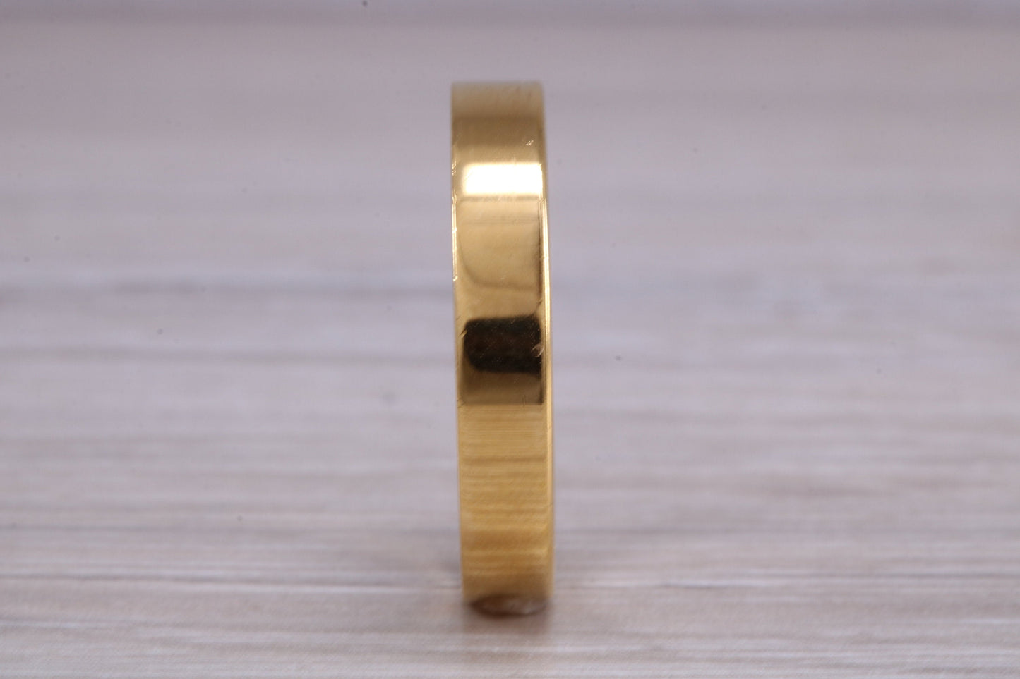 5 mm flat profile Silver band with 18ct yellow Gold hard plating, looks just like a gold band for a fraction of the cost
