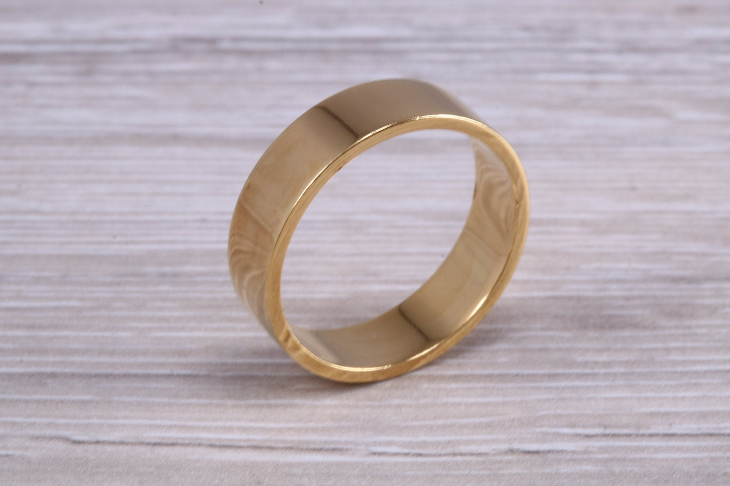 6 mm flat profile Silver band with 18ct yellow Gold hard plating, looks just like a gold band for a fraction of the cost