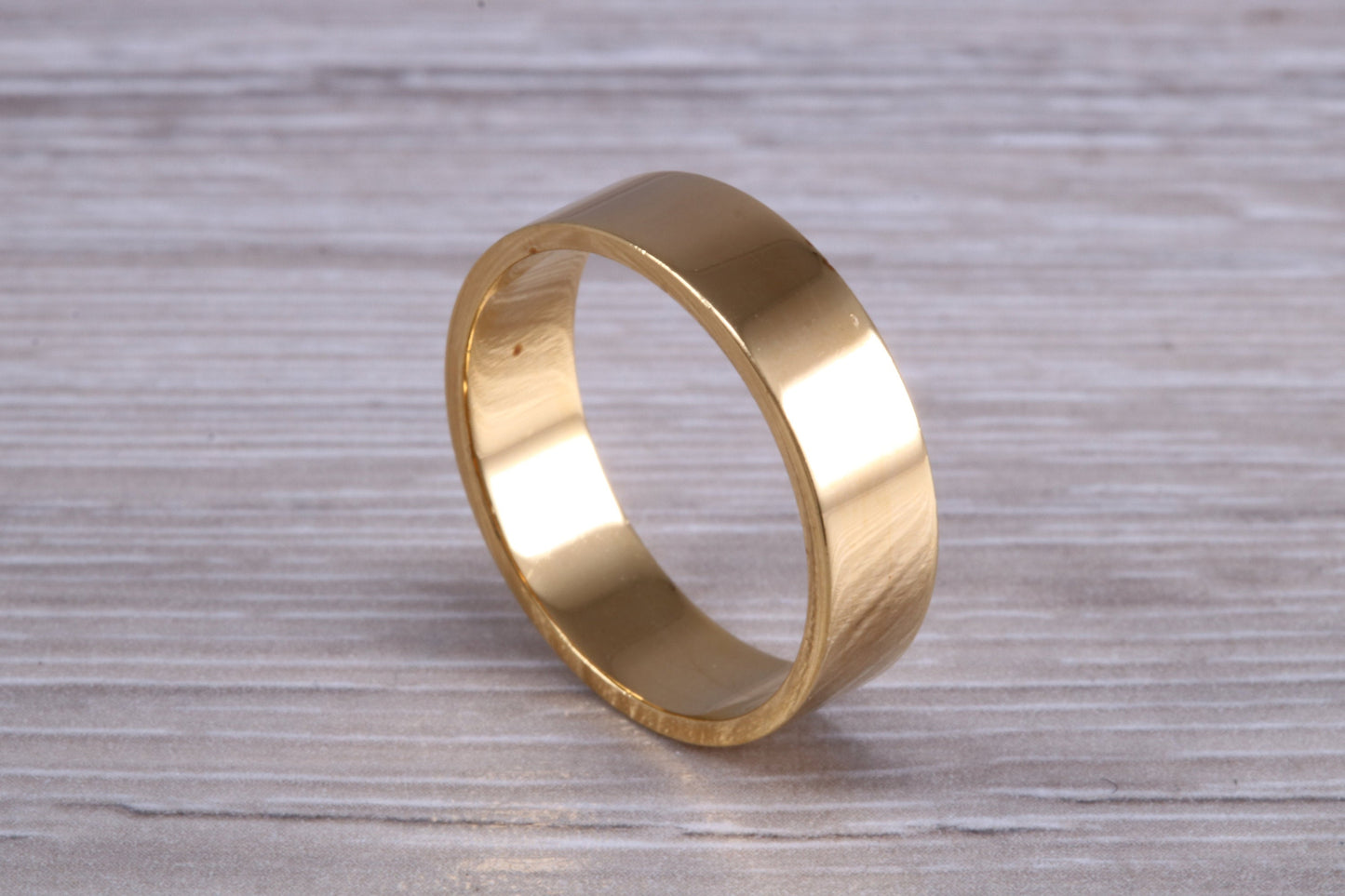 6 mm flat profile Silver band with 18ct yellow Gold hard plating, looks just like a gold band for a fraction of the cost