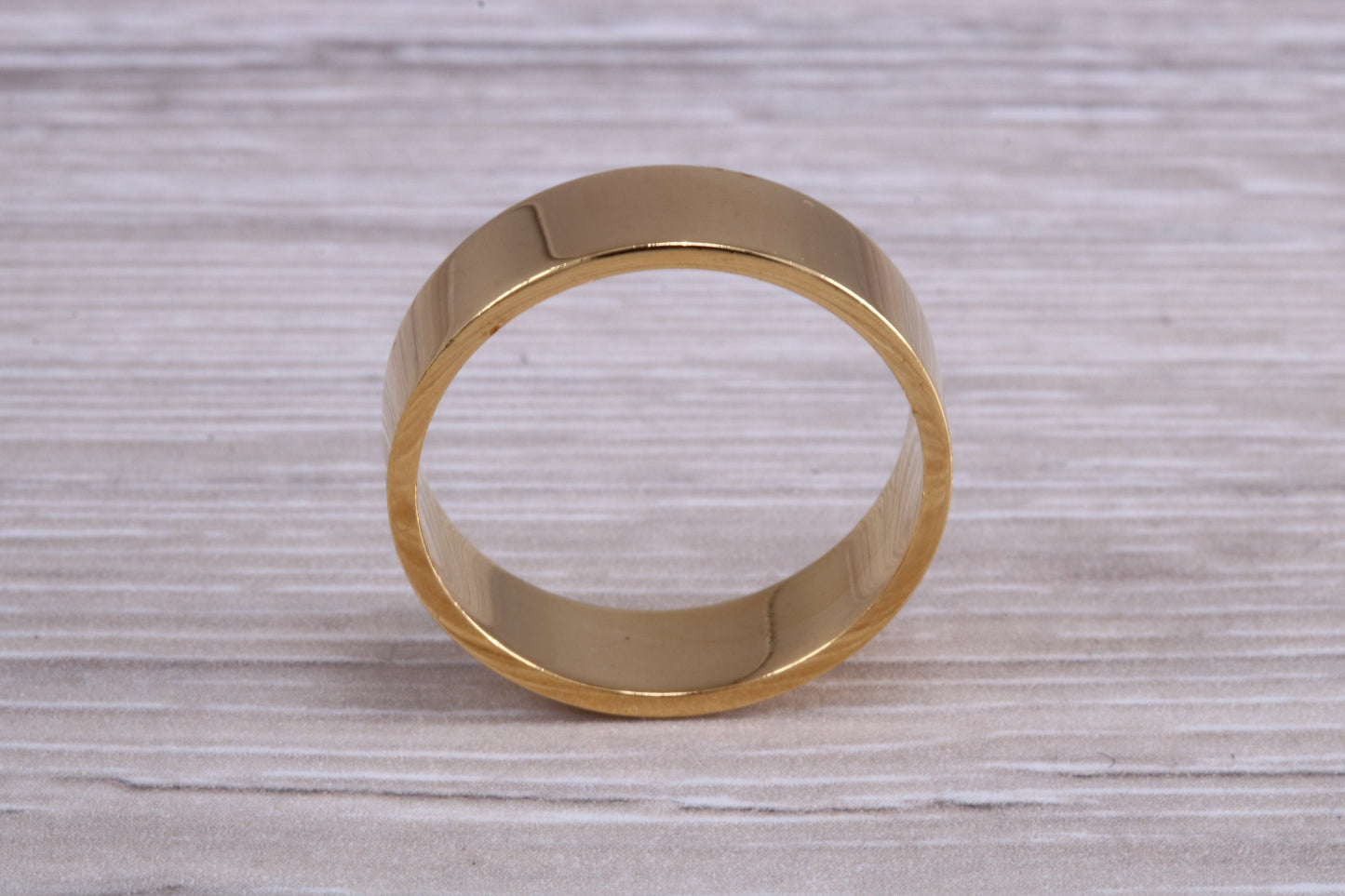 6 mm flat profile Silver band with 18ct yellow Gold hard plating, looks just like a gold band for a fraction of the cost