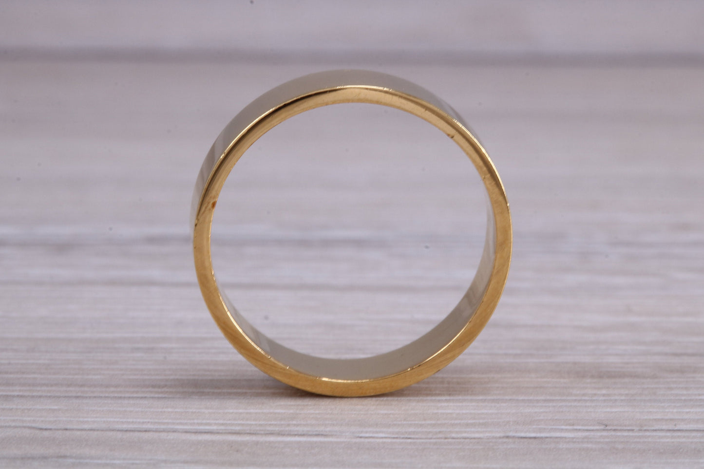 6 mm flat profile Silver band with 18ct yellow Gold hard plating, looks just like a gold band for a fraction of the cost