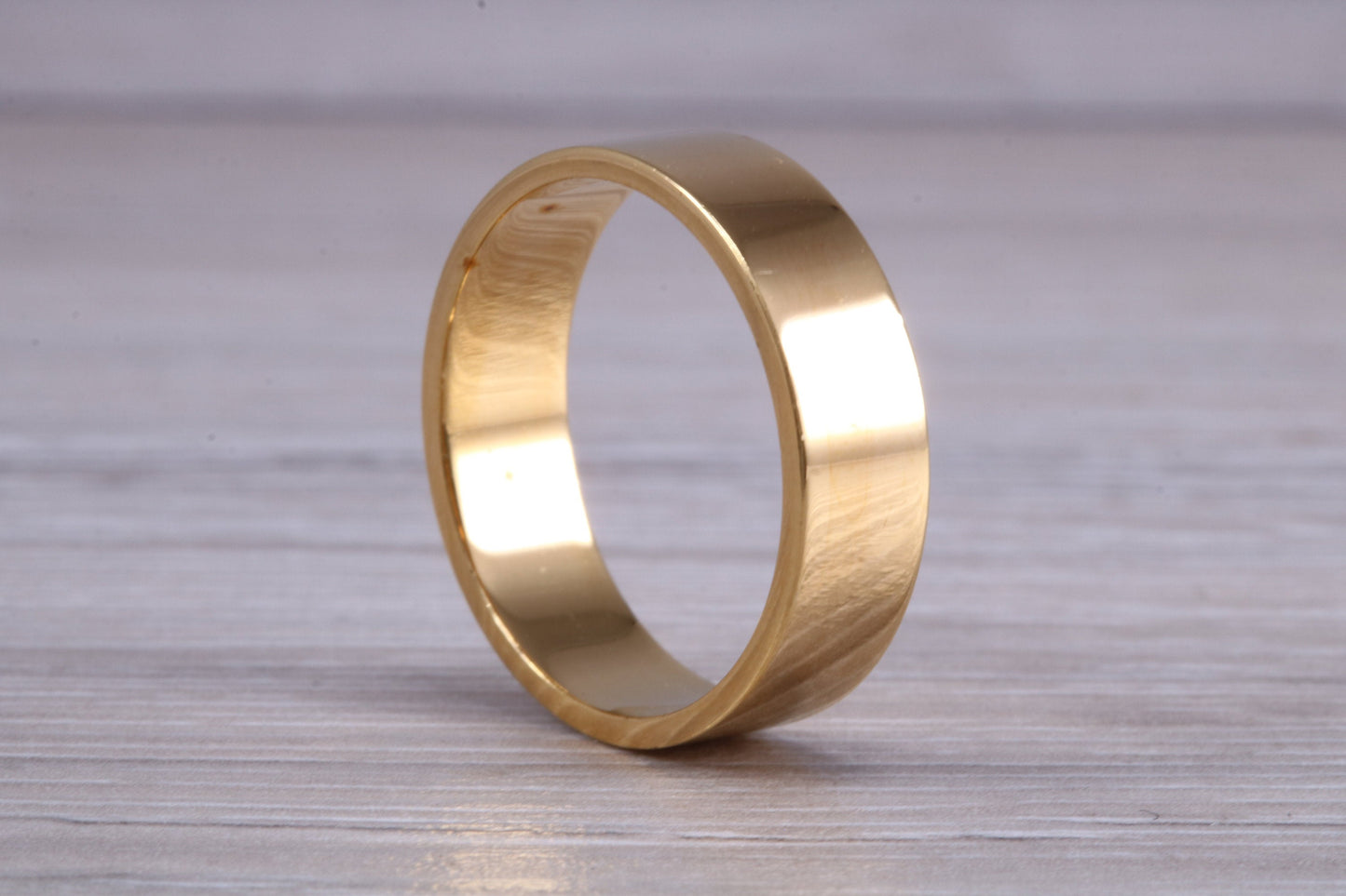 6 mm flat profile Silver band with 18ct yellow Gold hard plating, looks just like a gold band for a fraction of the cost