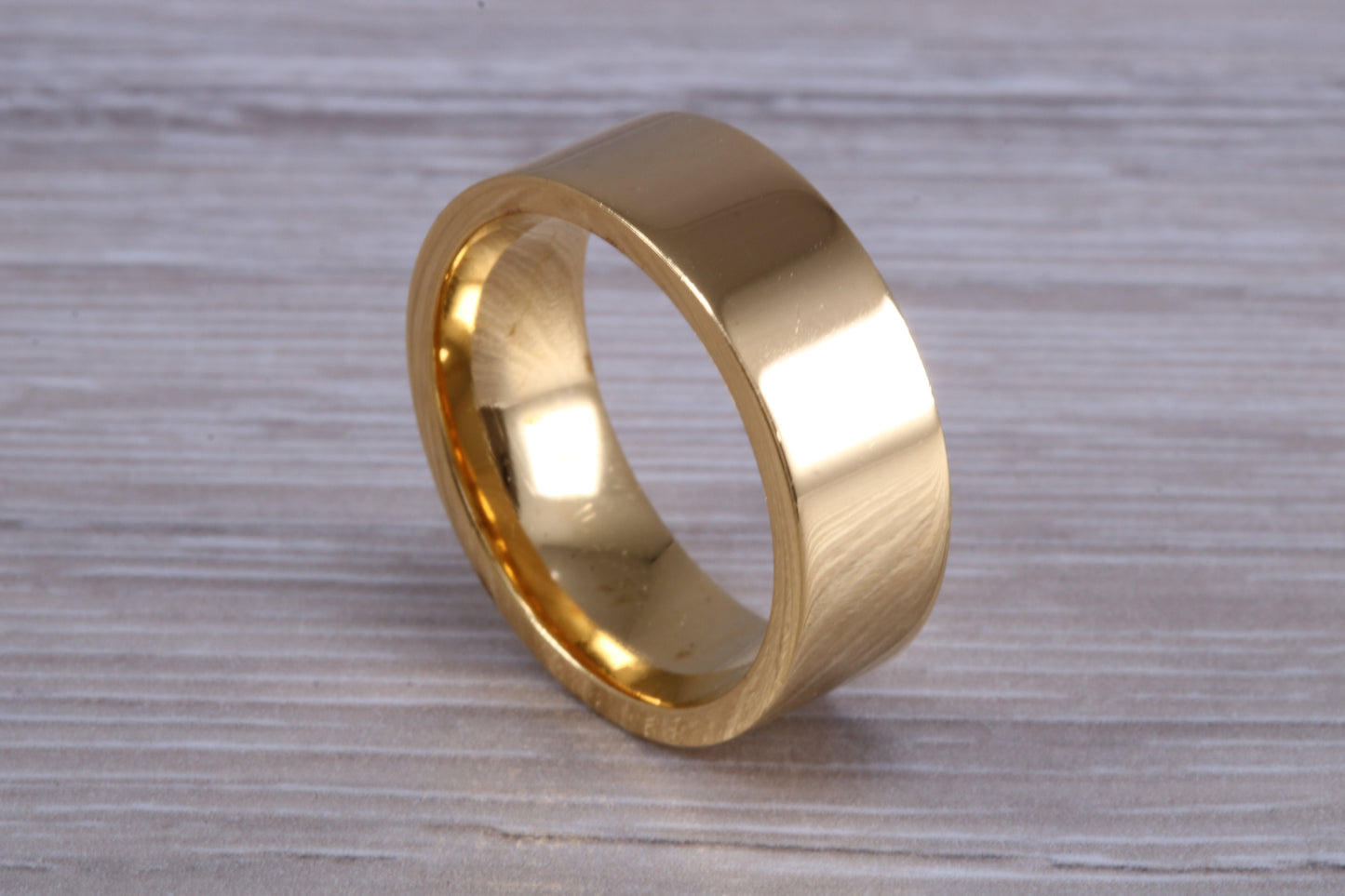 10 mm flat profile Silver band with 18ct yellow Gold hard plating, looks just like a gold band for a fraction of the cost. Very wide band