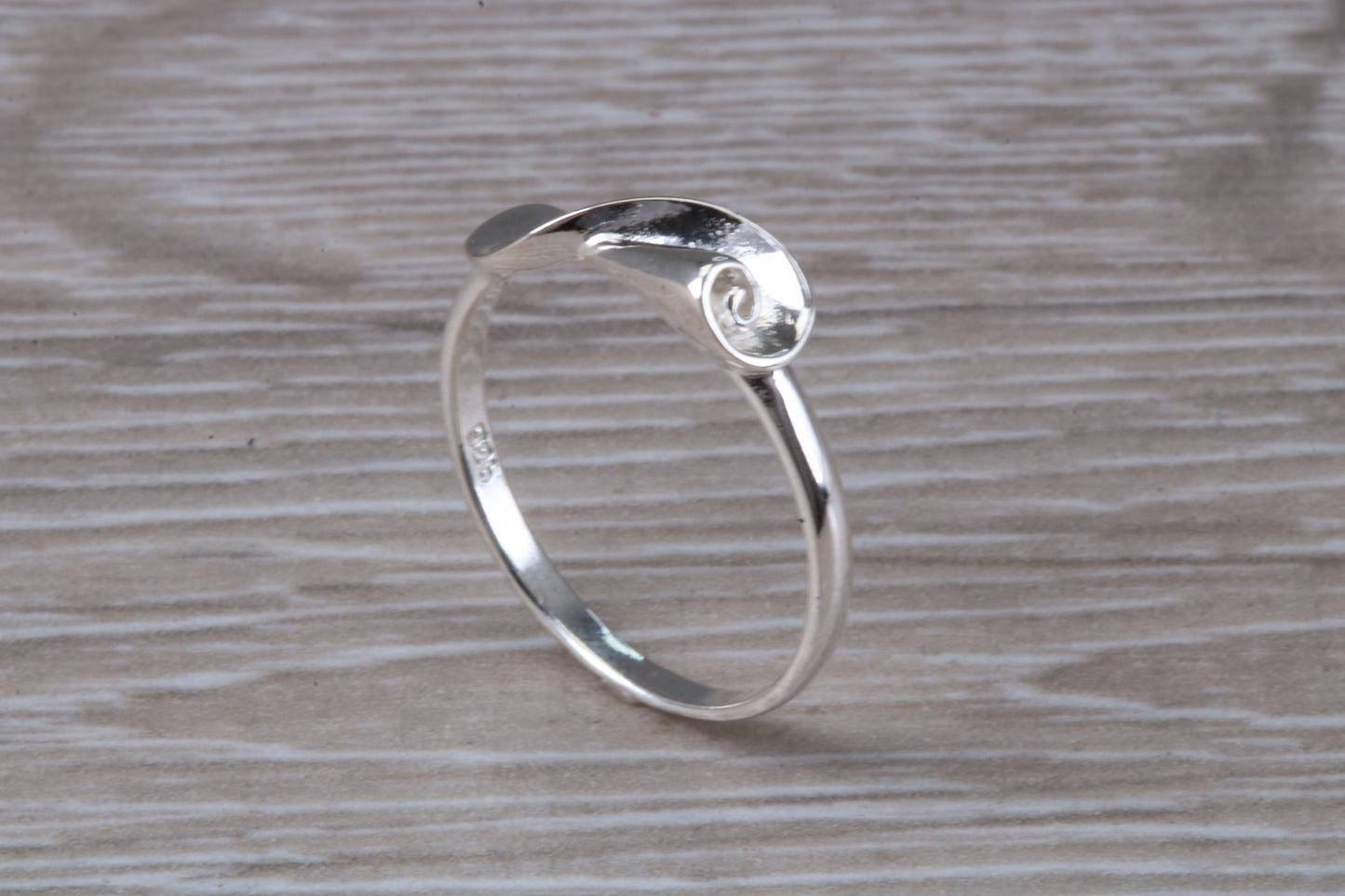 Scroll design ring, solid silver with high polished finish, very dainty and suitable for all ages