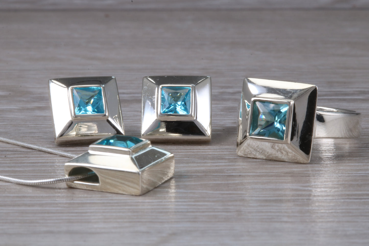 Real Blue Topaz Ring, Earrings and Necklace
