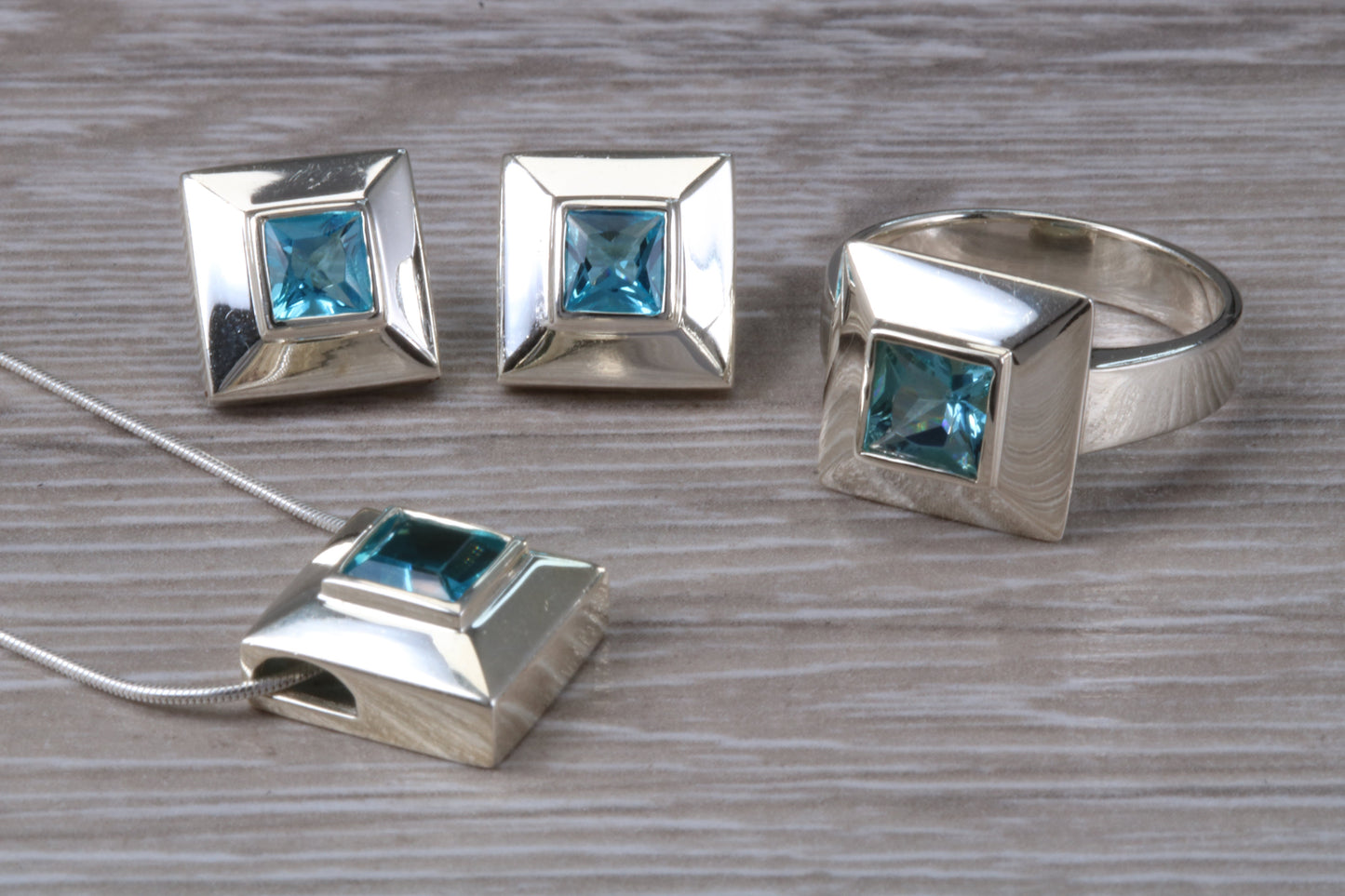 Real Blue Topaz Ring, Earrings and Necklace