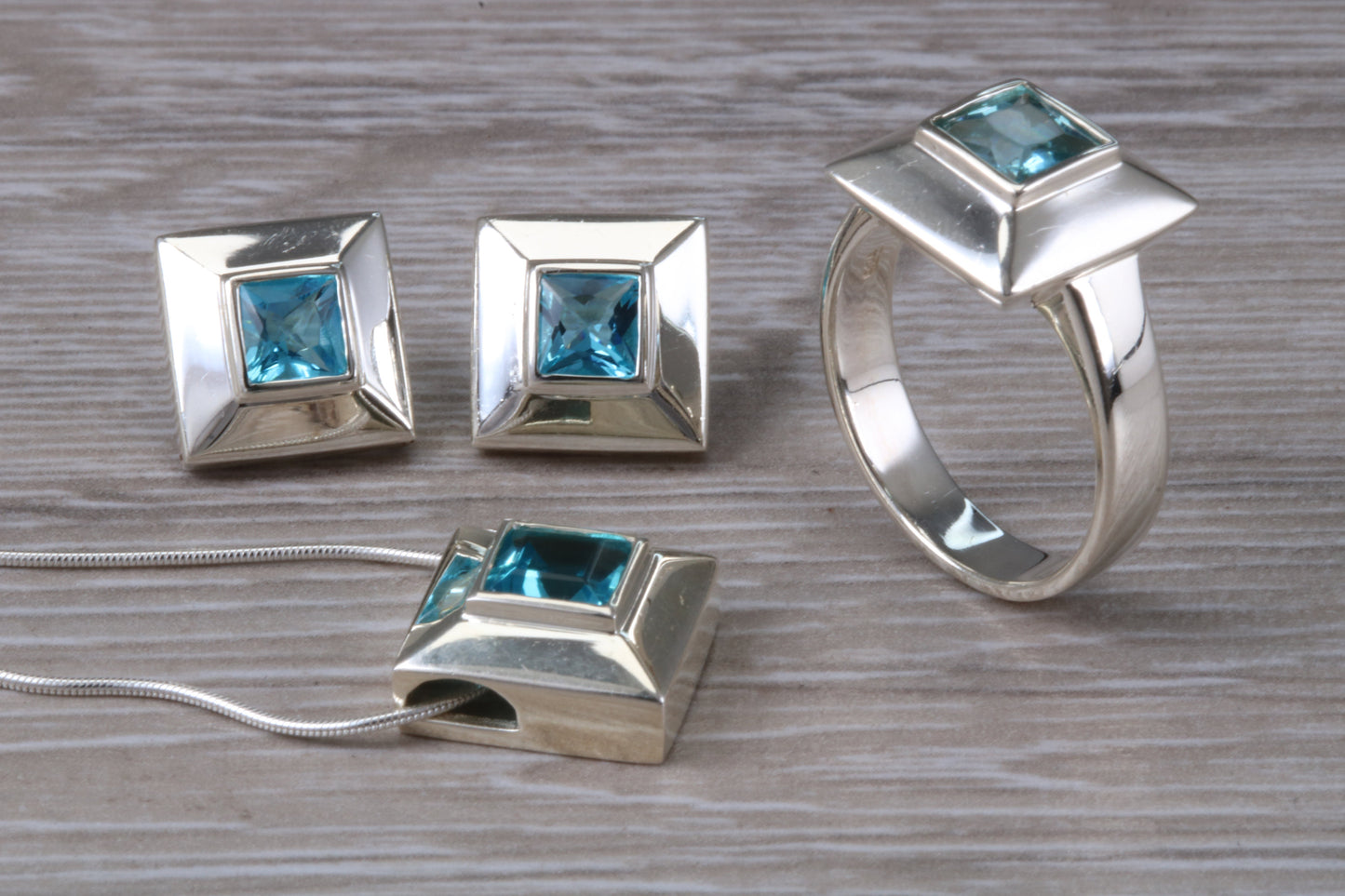 Real Blue Topaz Ring, Earrings and Necklace