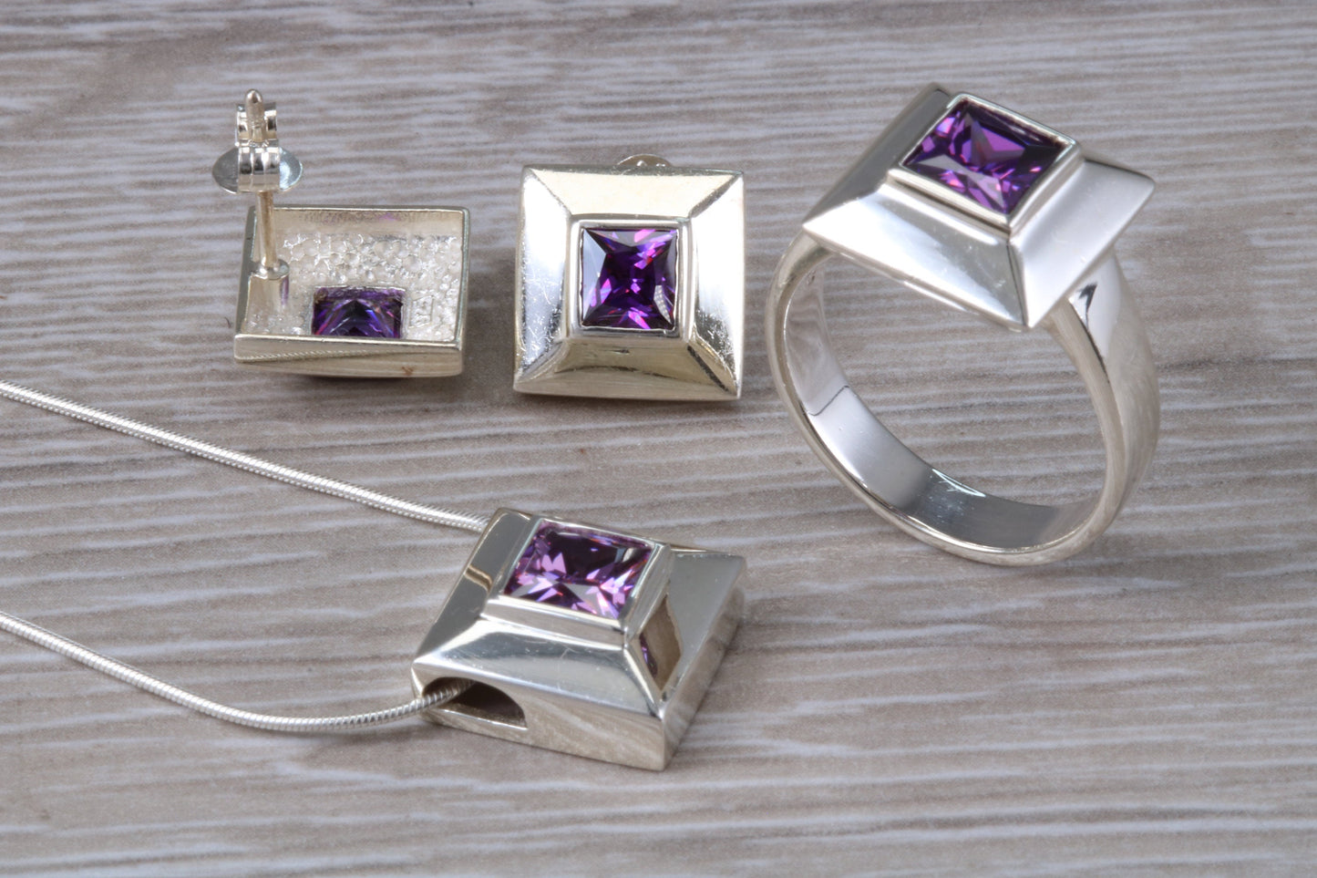 Real Amethyst Ring, Earrings and Necklace