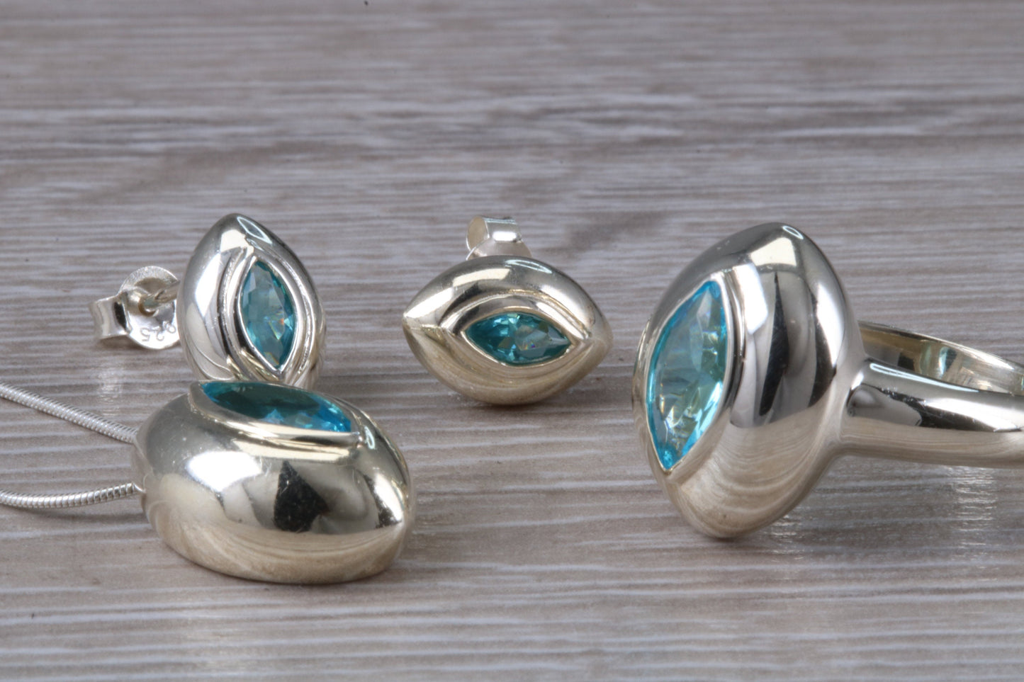 Real blue Topaz Ring, Earrings and Necklace