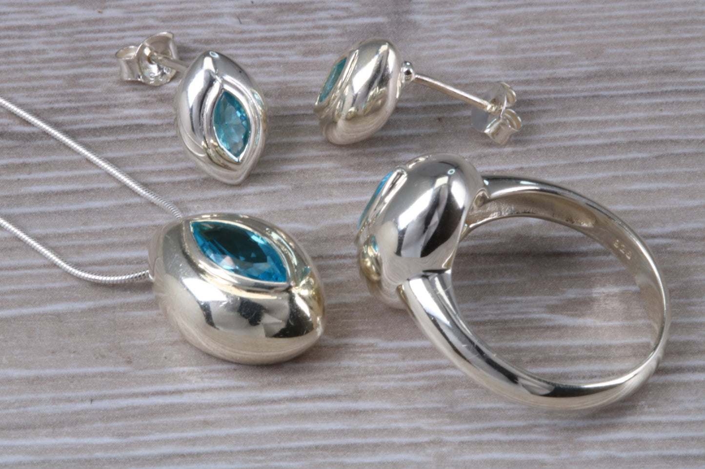 Real blue Topaz Ring, Earrings and Necklace