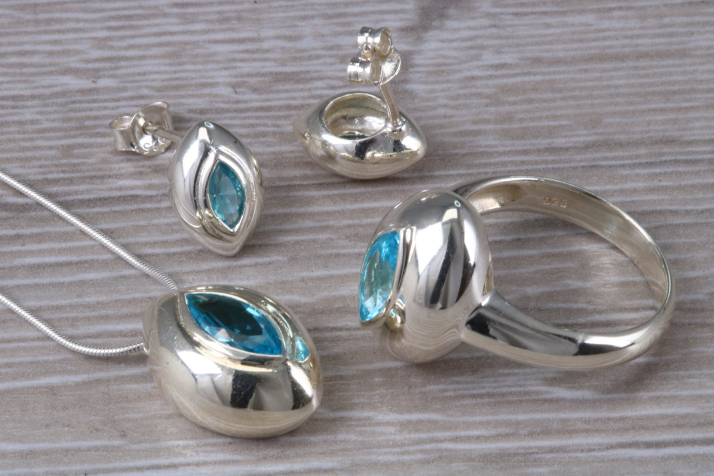 Real blue Topaz Ring, Earrings and Necklace