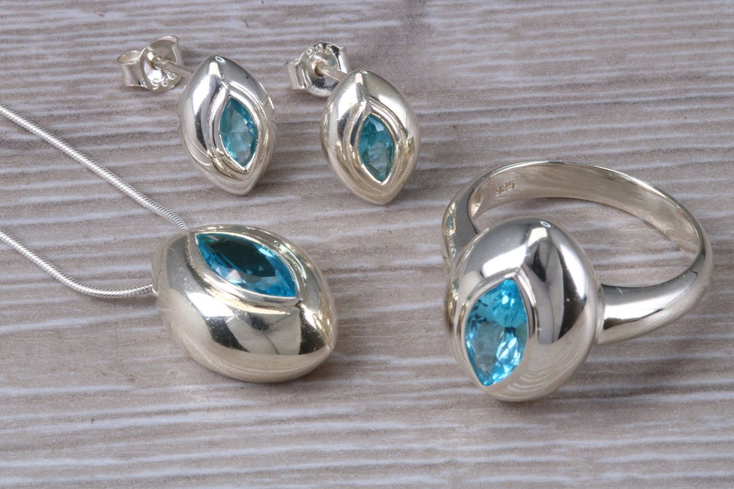 Real blue Topaz Ring, Earrings and Necklace