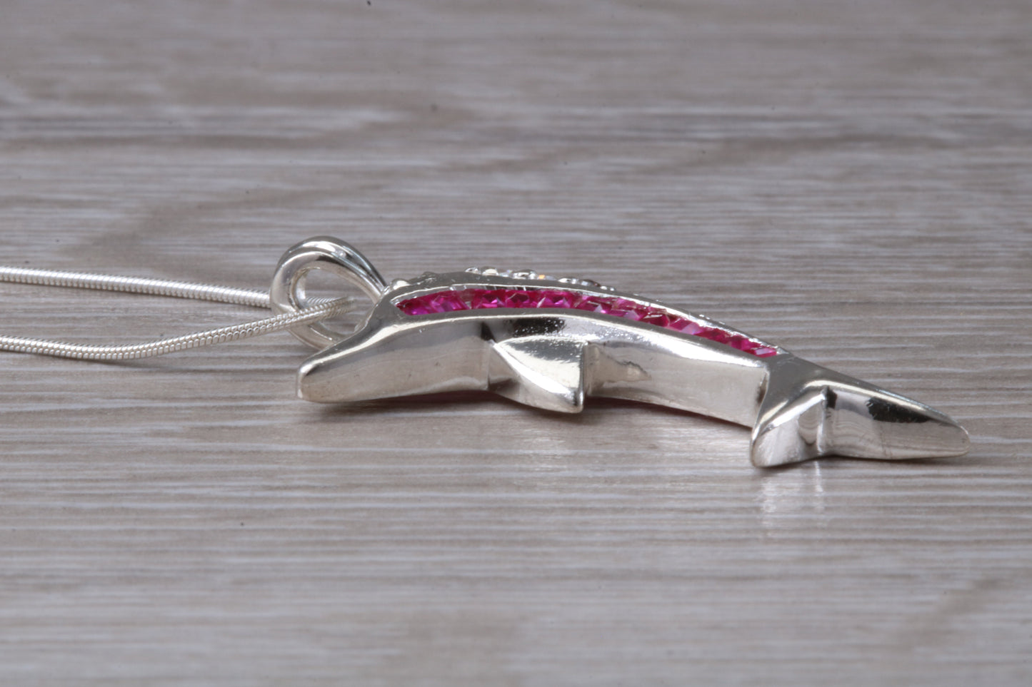 Sterling Silver Pink C Z set Dolphin Necklace