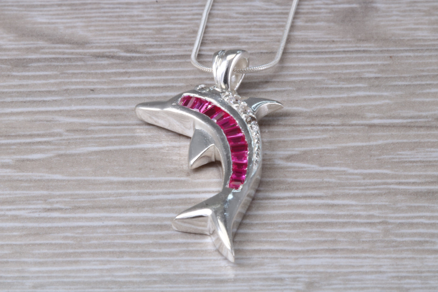 Sterling Silver Pink C Z set Dolphin Necklace