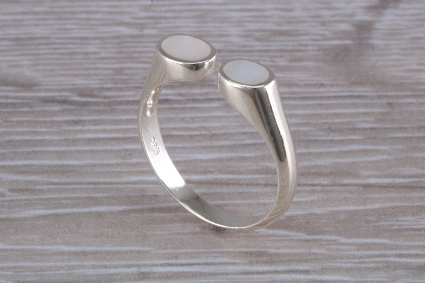 Silver Mother of Pearl open ended ring, sterling silver with mother of pearl inlay, suitable for all age groups, very unusual design