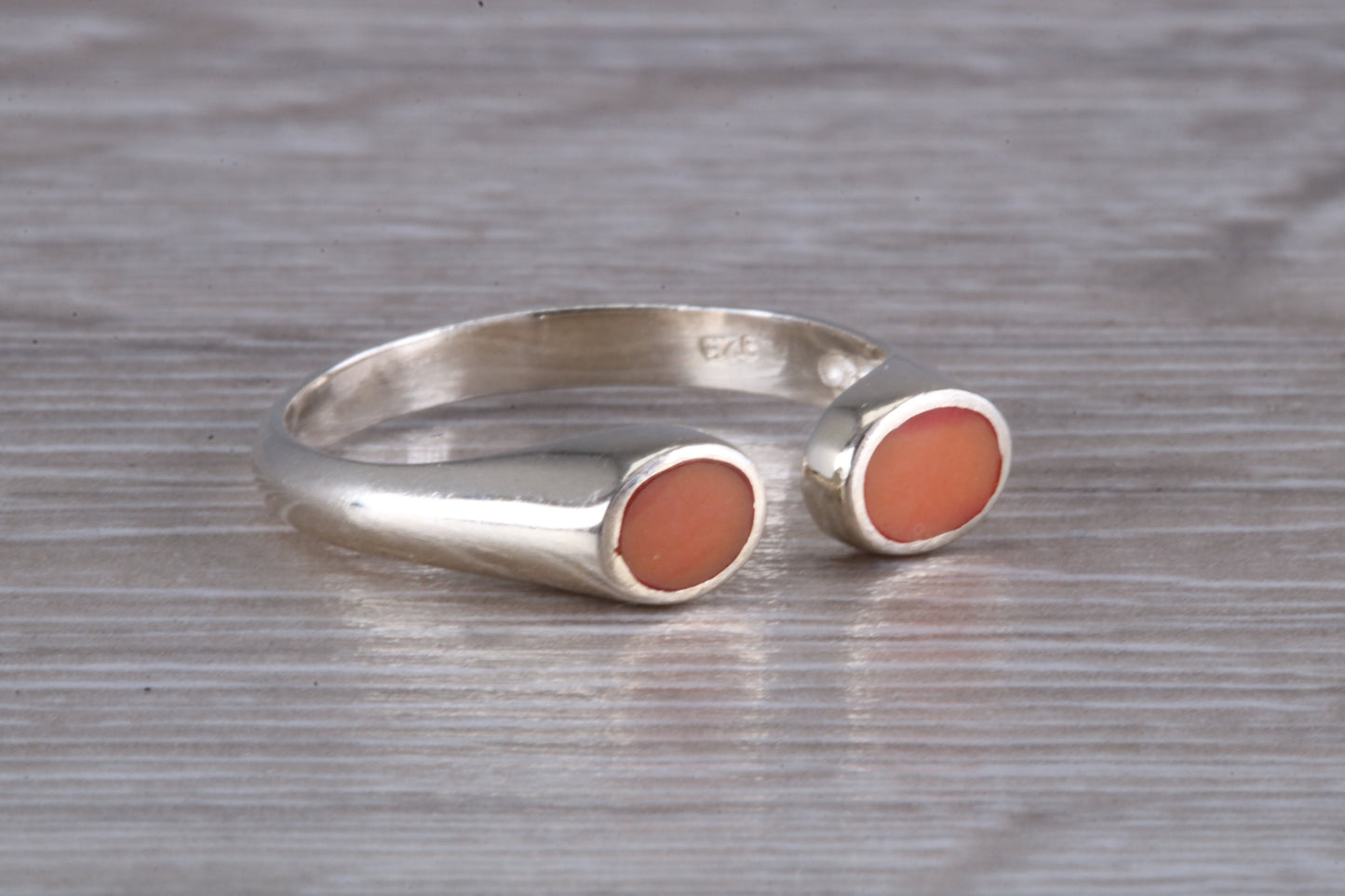 Silver Coral open ended ring, sterling silver with red coral inlay, suitable for all age groups, very unusual design