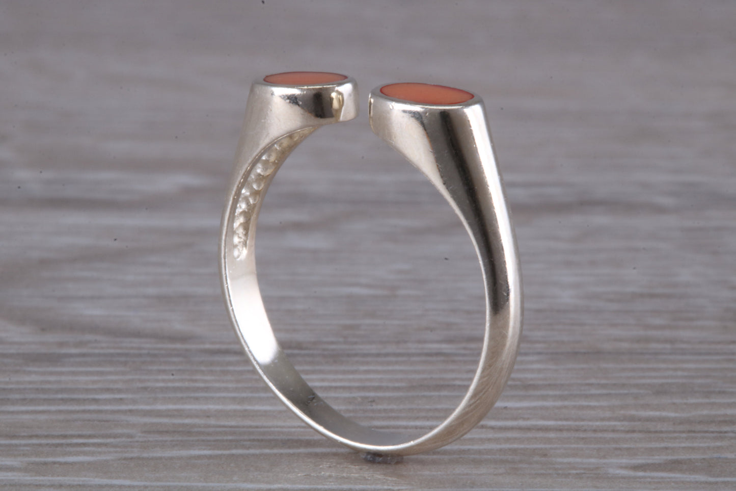 Silver Coral open ended ring, sterling silver with red coral inlay, suitable for all age groups, very unusual design