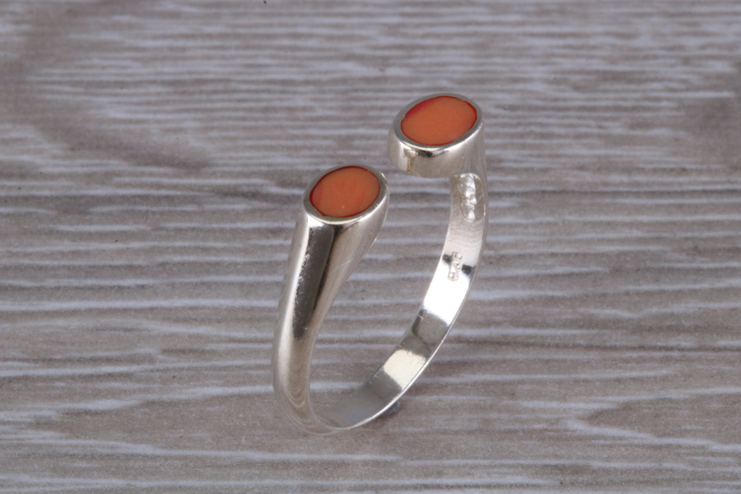 Silver Coral open ended ring, sterling silver with red coral inlay, suitable for all age groups, very unusual design