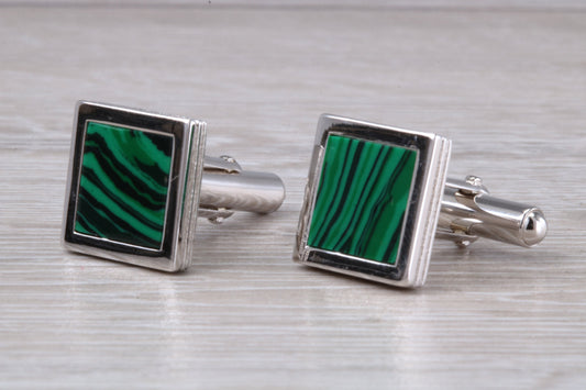 Silver Malachite set Square Cufflinks