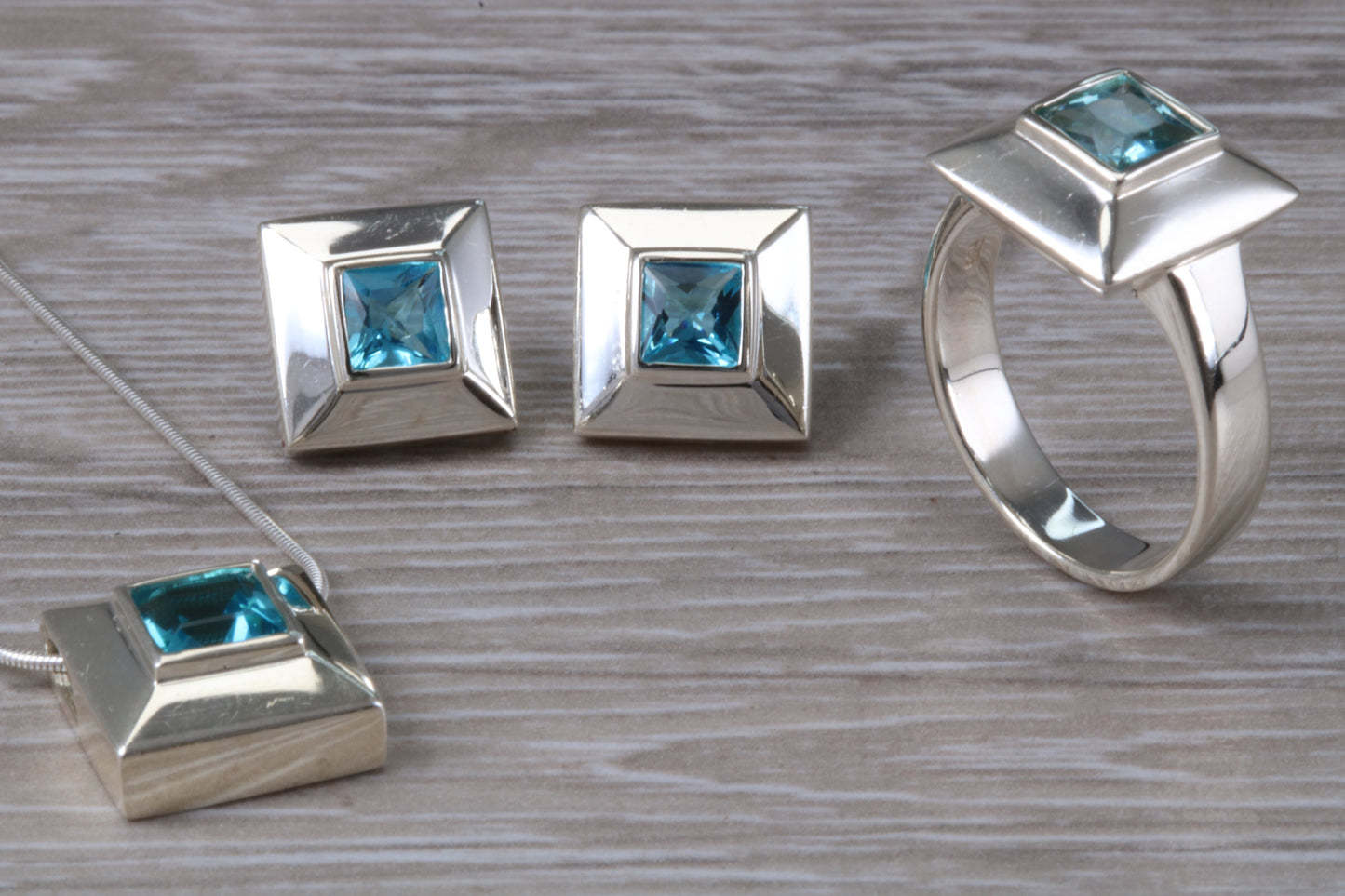 Real Blue Topaz Ring, Earrings and Necklace