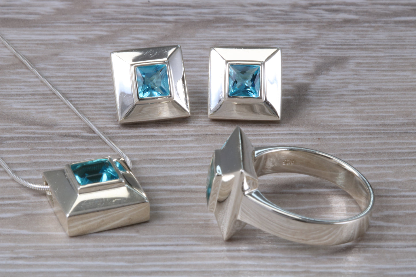 Real Blue Topaz Ring, Earrings and Necklace
