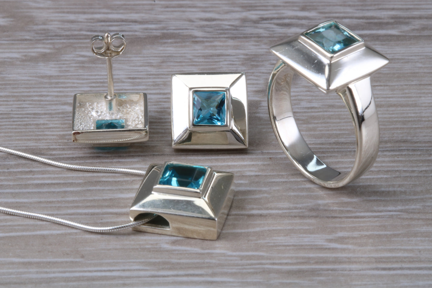 Real Blue Topaz Ring, Earrings and Necklace
