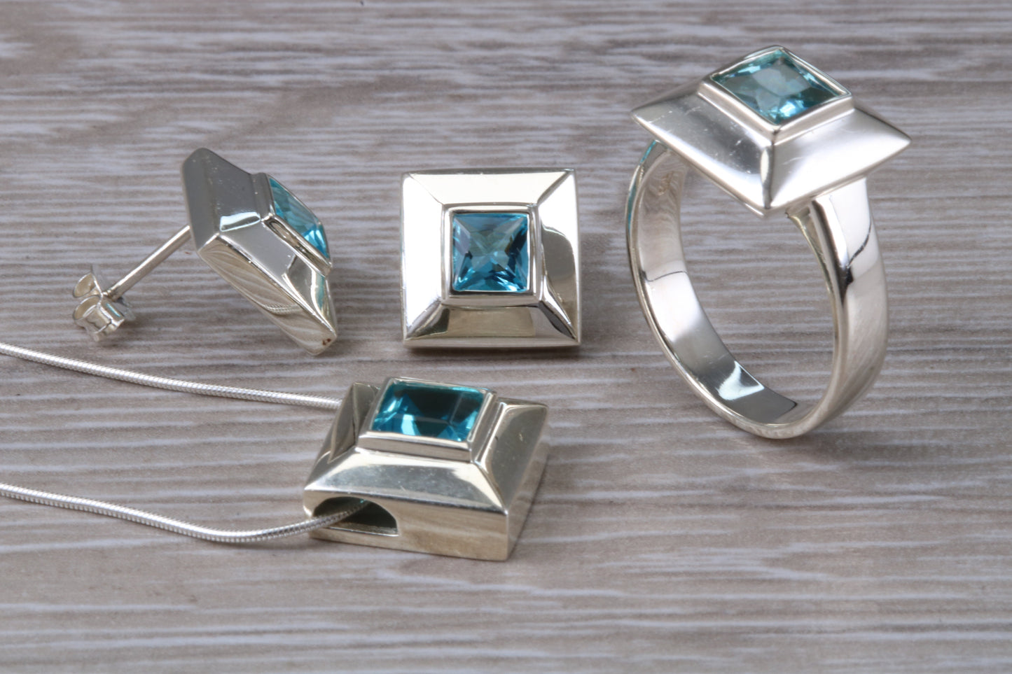 Real Blue Topaz Ring, Earrings and Necklace