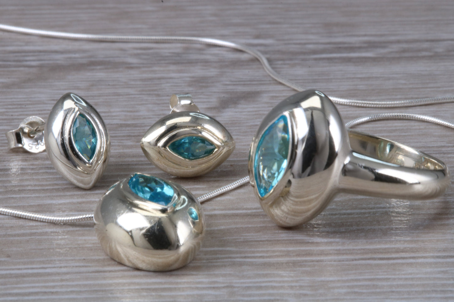 Real blue Topaz Ring, Earrings and Necklace