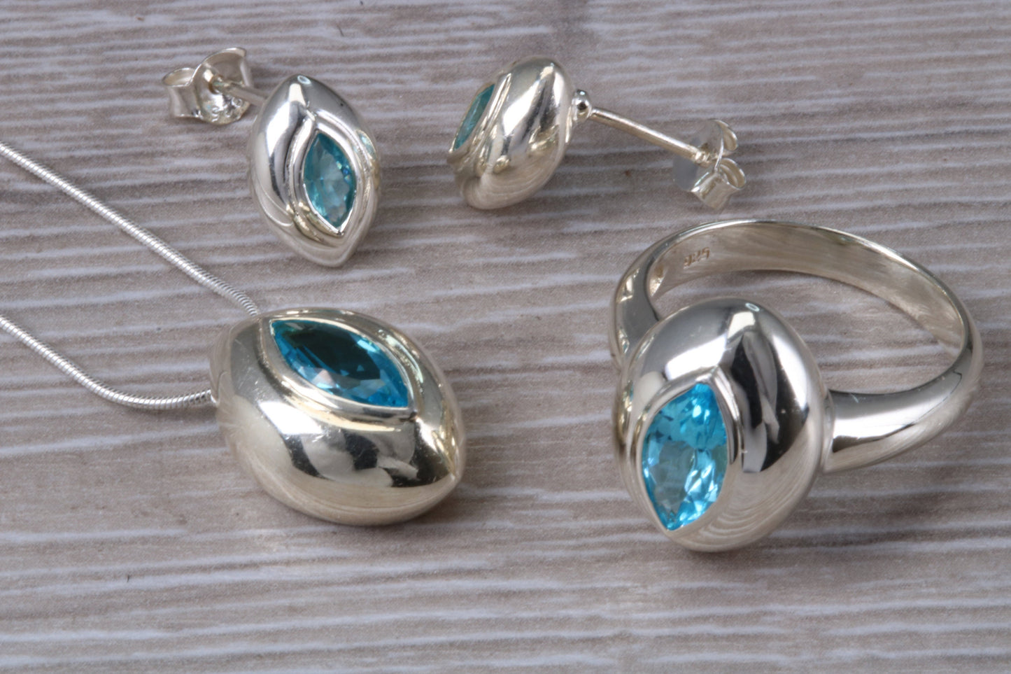 Real blue Topaz Ring, Earrings and Necklace