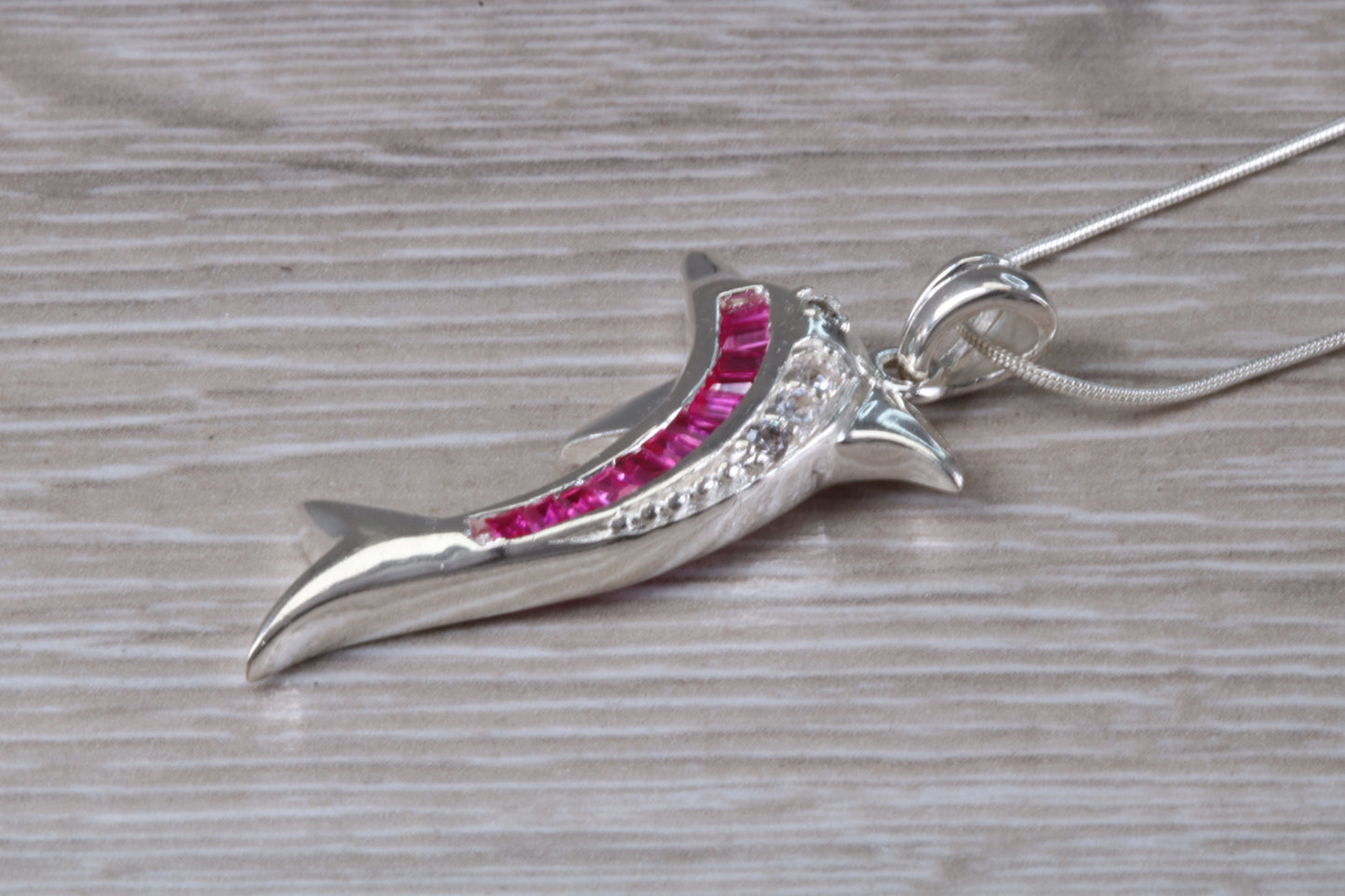 Sterling Silver Pink C Z set Dolphin Necklace