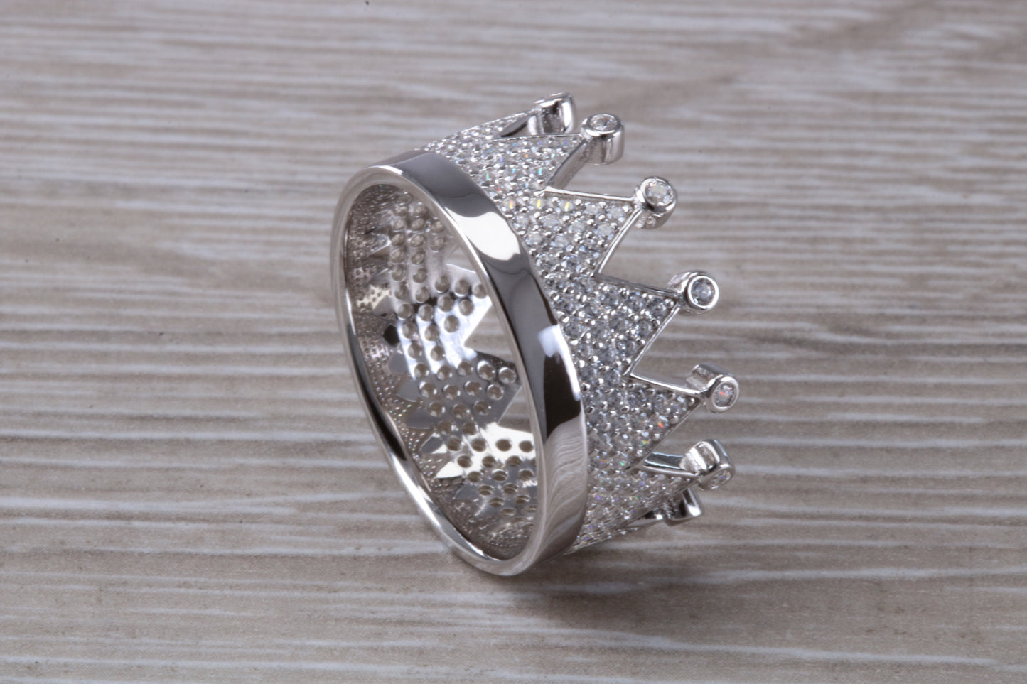 Crown ring, C Z set in solid sterling silver and further rhodium plated for that platinum look