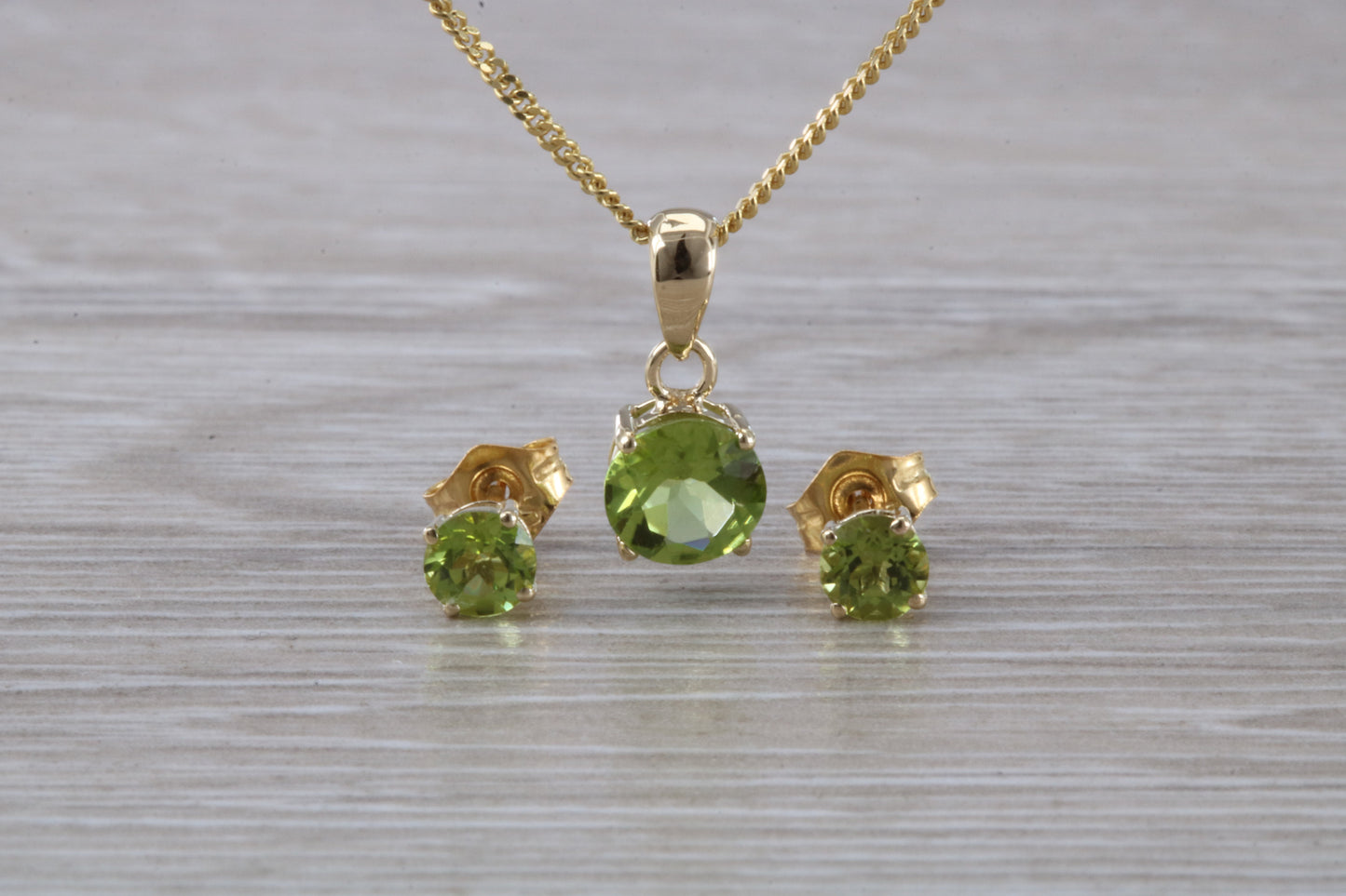 Real Peridot Earrings and Necklace Set, Solid 9ct Yellow Gold