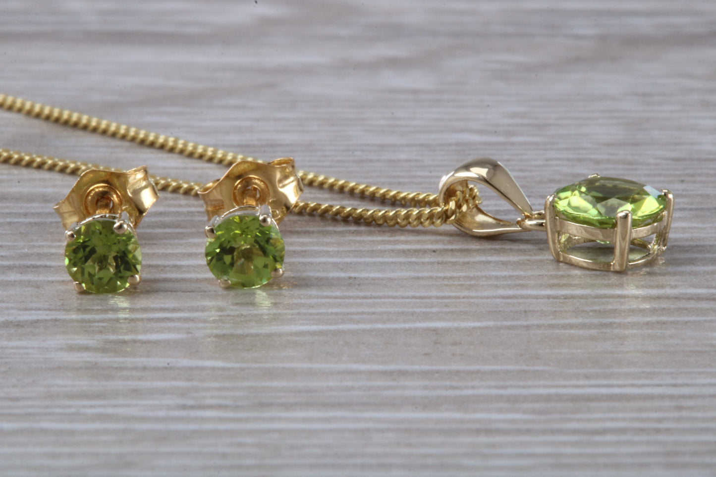 Real Peridot Earrings and Necklace Set, Solid 9ct Yellow Gold