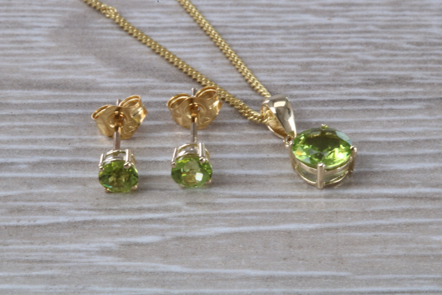 Real Peridot Earrings and Necklace Set, Solid 9ct Yellow Gold