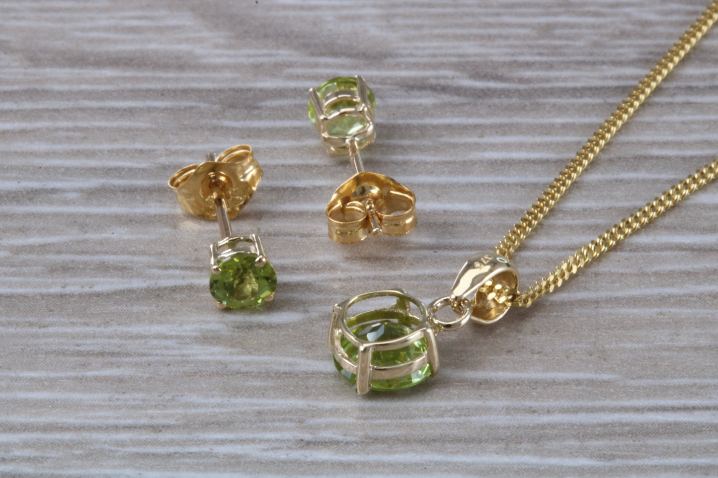 Real Peridot Earrings and Necklace Set, Solid 9ct Yellow Gold