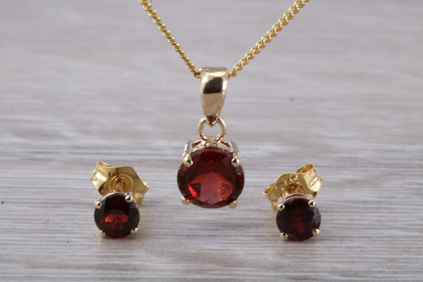 Real Garnet Earrings and Necklace Set, Solid 9ct Yellow Gold