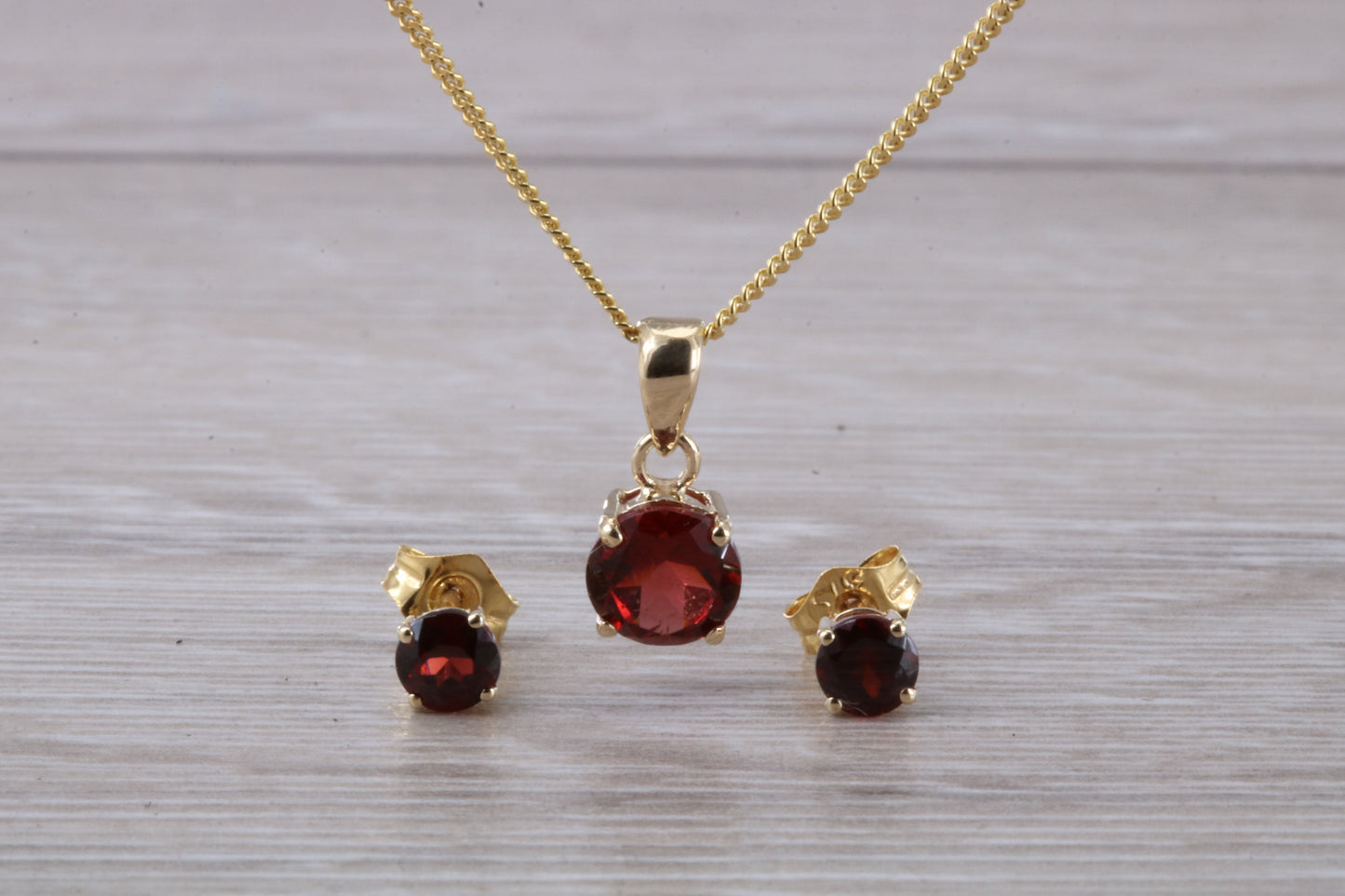 Real Garnet Earrings and Necklace Set, Solid 9ct Yellow Gold