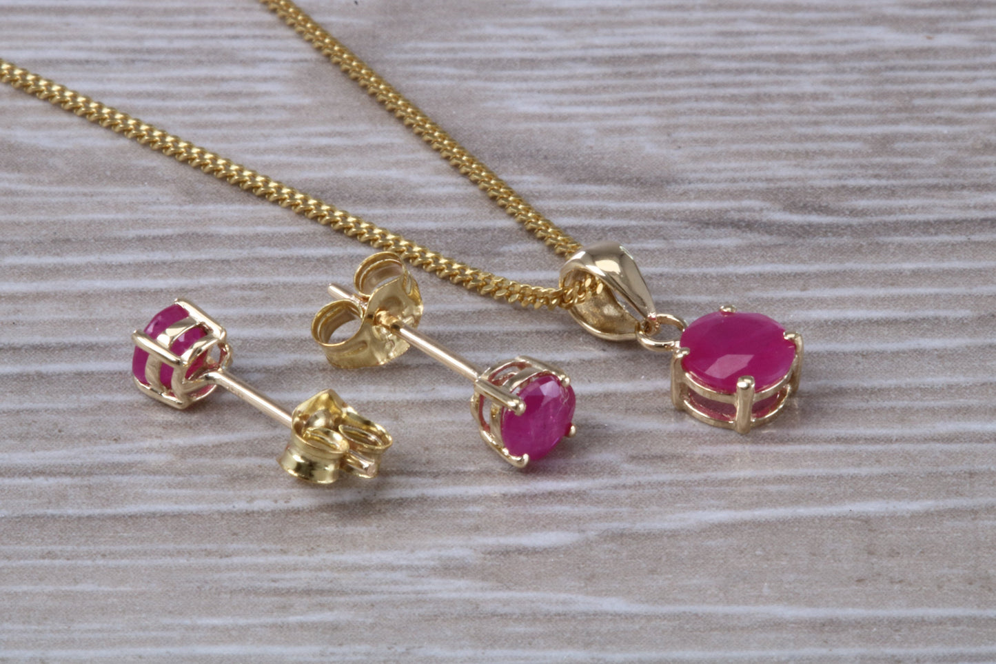 Real Ruby Earrings and Necklace Set, Solid 9ct Yellow Gold