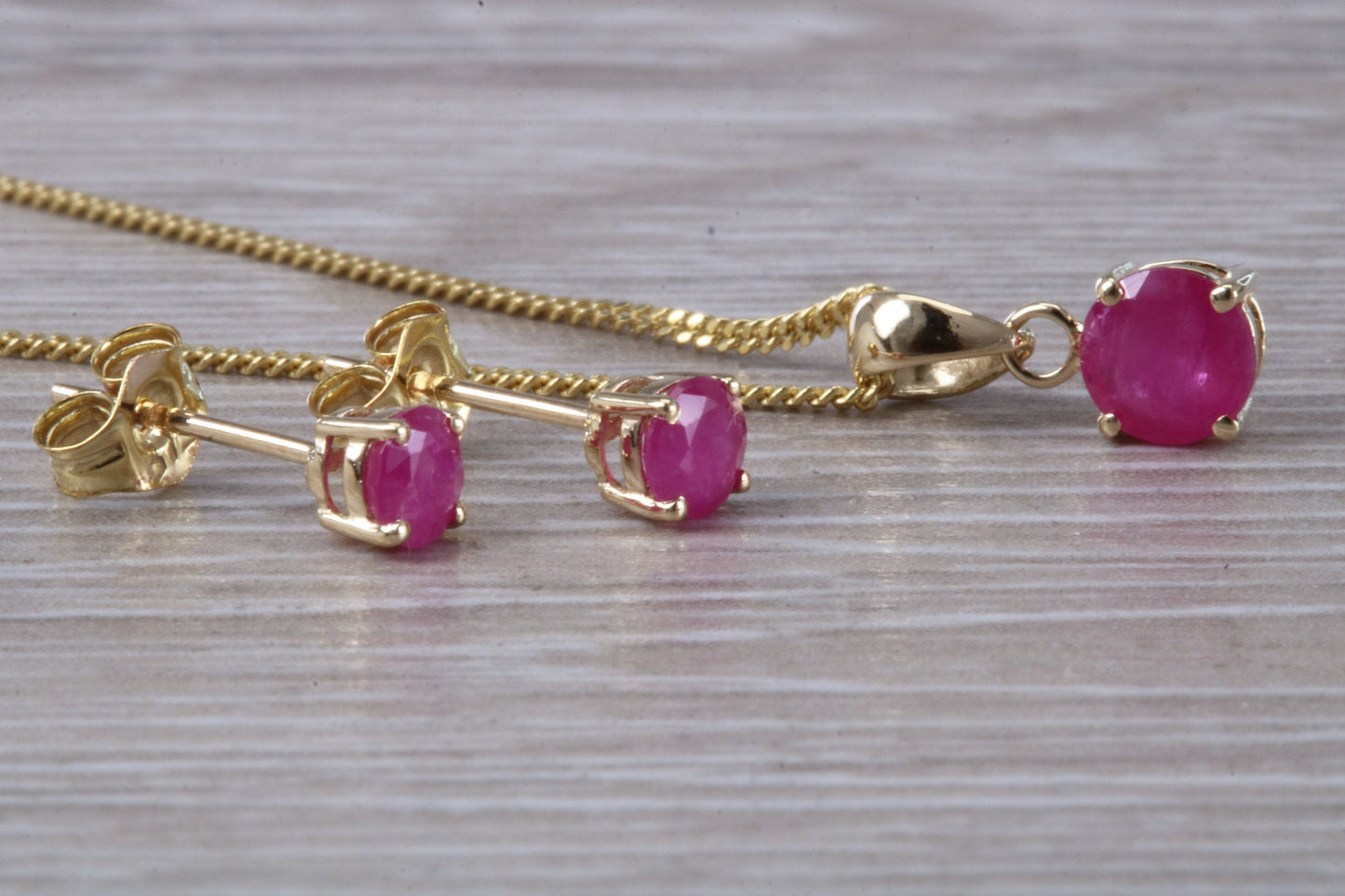 Real Ruby Earrings and Necklace Set, Solid 9ct Yellow Gold
