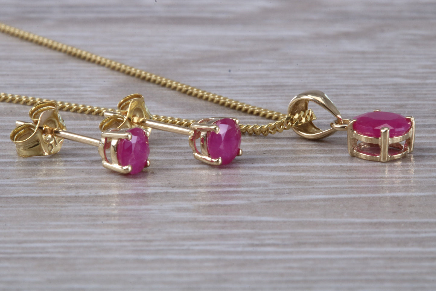 Real Ruby Earrings and Necklace Set, Solid 9ct Yellow Gold