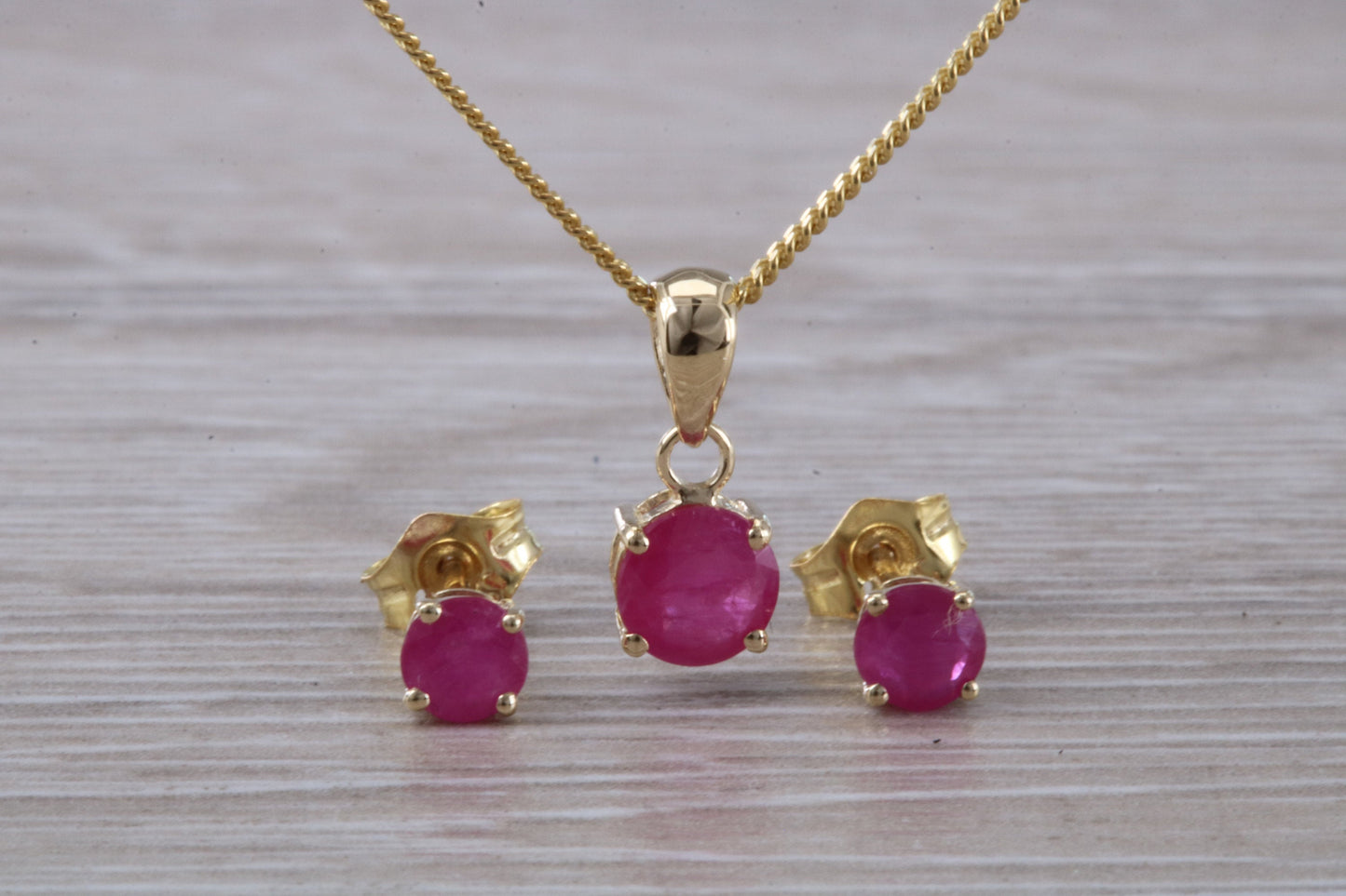 Real Ruby Earrings and Necklace Set, Solid 9ct Yellow Gold