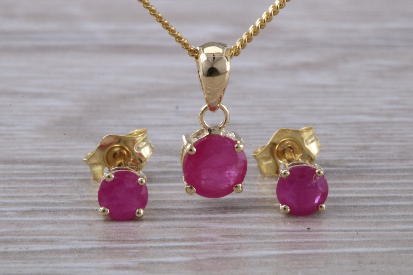 Real Ruby Earrings and Necklace Set, Solid 9ct Yellow Gold