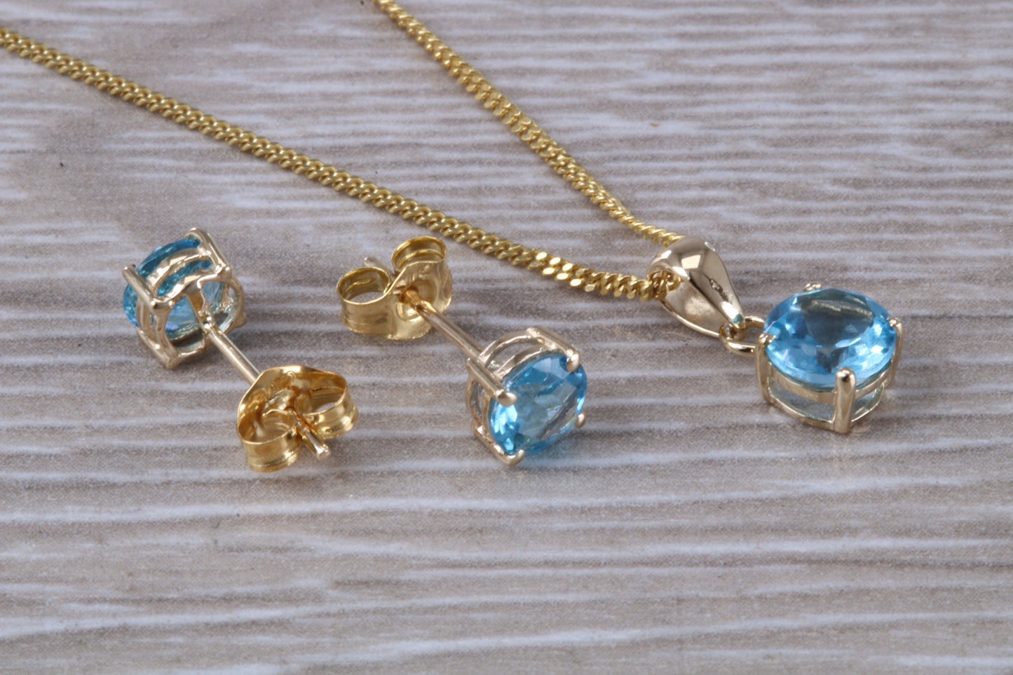 Real Topaz Earrings and Necklace Set, Solid 9ct Yellow Gold