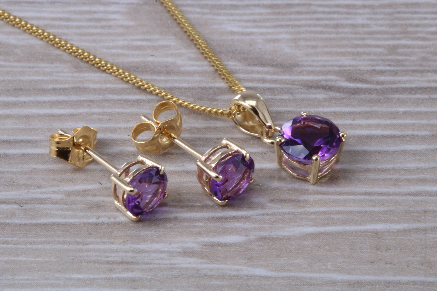 Real Amethyst Earrings and Necklace Set, Solid 9ct Yellow Gold