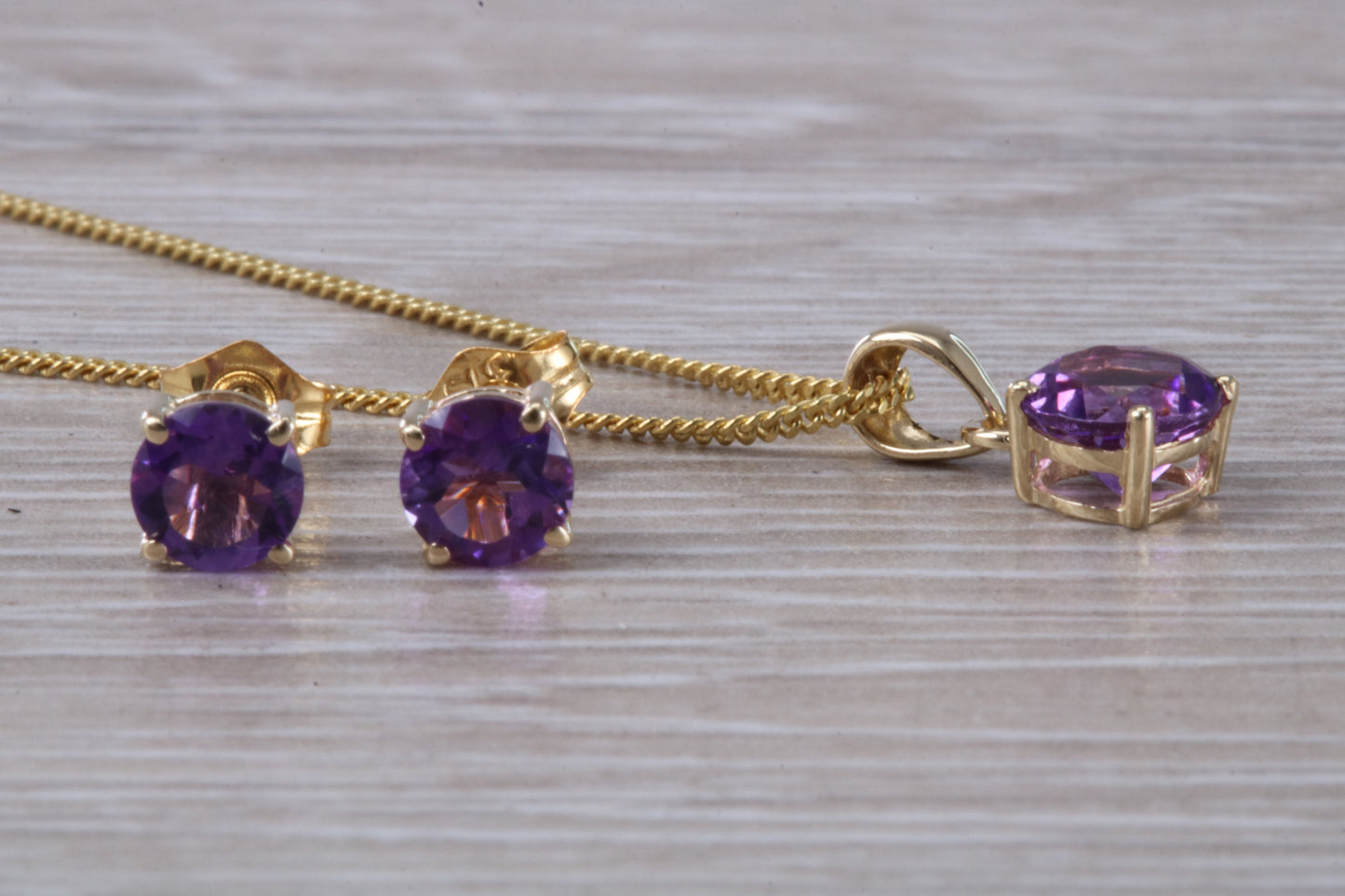 Real Amethyst Earrings and Necklace Set, Solid 9ct Yellow Gold