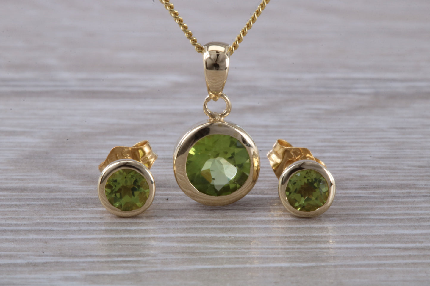 Real Peridot Earrings and Necklace Set, Solid 9ct Yellow Gold
